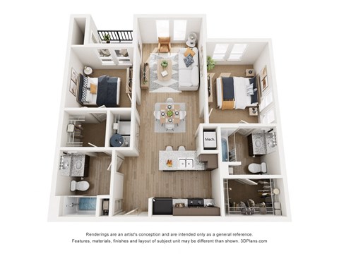 Floor plan for 2 beds, 2 baths, 912 sqft